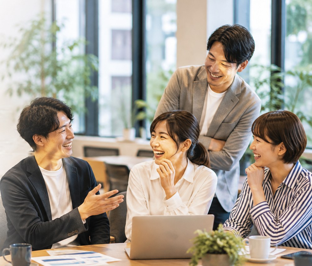 オフィスでラップトップを囲んで笑い合う社員の皆さま