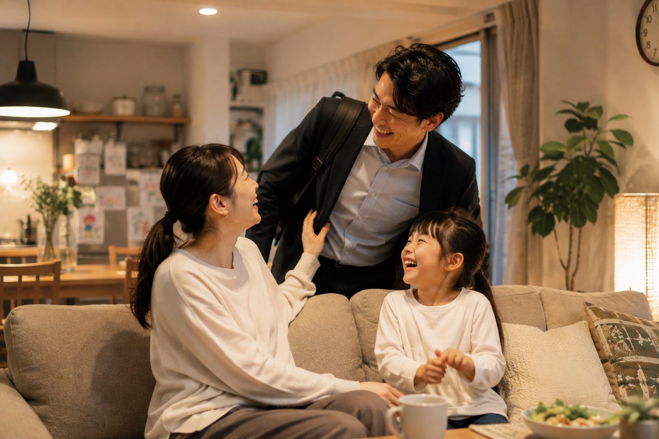仕事から帰った父親を、母と子が笑顔で迎える夜のリビング