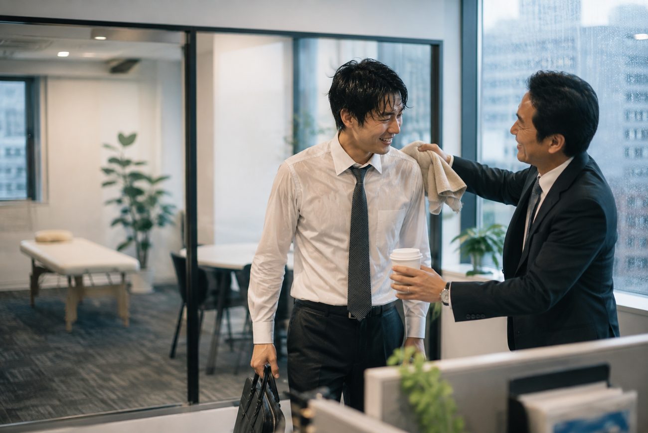 雨で濡れて戻ってきた社員に、上司がタオルと温かい飲み物を手渡す様子