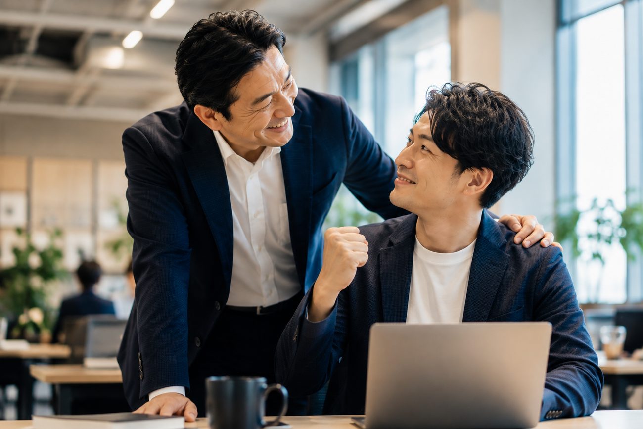上司が部下の肩に手を置き、笑顔で向き合う様子